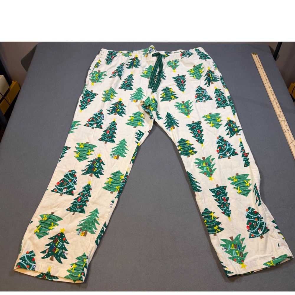 Old Navy Men's XXL Christmas Tree Flannel Pajama Pants White Green Holiday PJ
